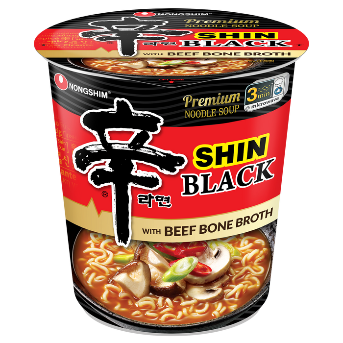 [Nongshim] Shin Black Spicy Beef & Bone Broth Ramyun Premium Ramen Noodle Soup Cup, 3.5oz X 6 Count