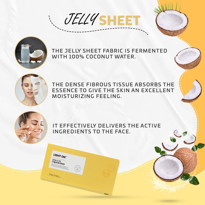[RE:PIEL]  Capsule Facial Masks, Jelly Sheet with easy application, 100% Coconut Water, All Skin Types, Made in Korea (Light On - Vita C)
