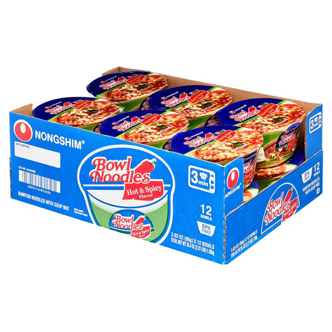 [Nongshim] Bowl Noodle Hot & Spicy Beef Ramen Noodle Soup Bowl, 3.03oz X 12 Count